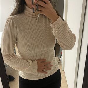 Cream Ribbed Turtleneck Sweater
